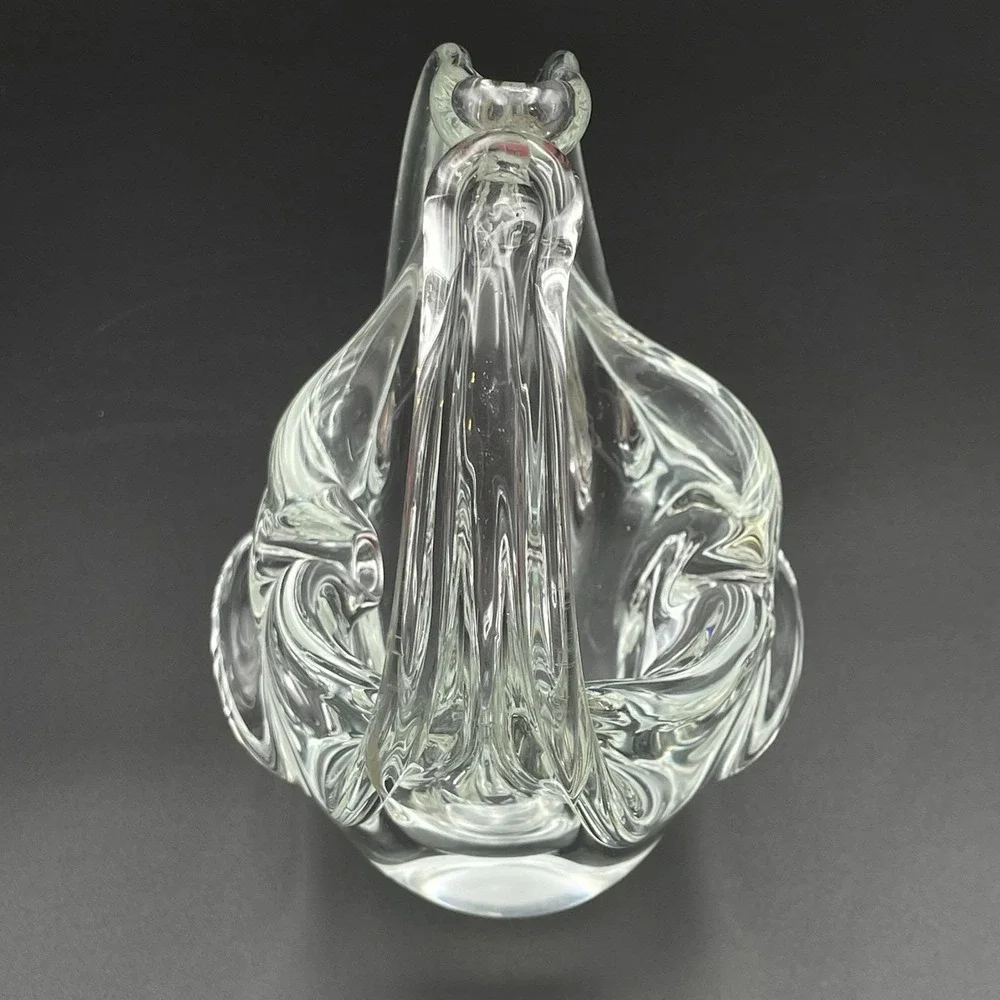 Vintage Hand Blown Art Glass Basket Clear Split Handle Basket Vase‎
